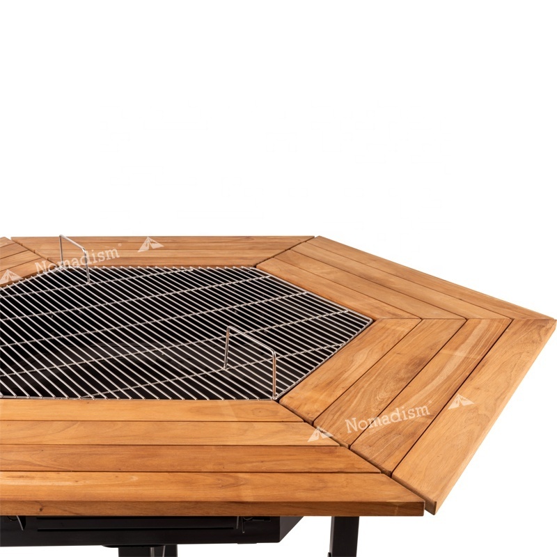 New Design Outdoor Hexagon 6 Seats BBQ Wood Grill Table And Fire Pit Grill For Cooking