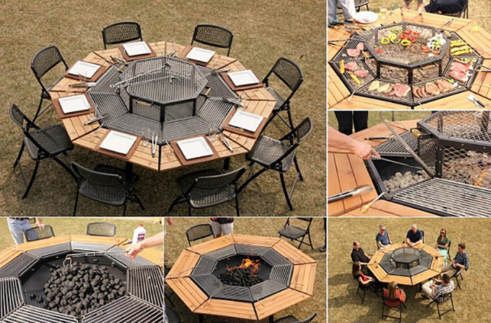 New Design Outdoor Hexagon 6 Seats BBQ Wood Grill Table And Fire Pit Grill For Cooking