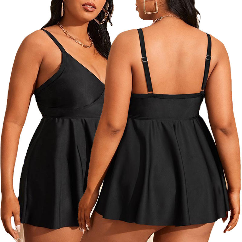 New big size fat sister split Tankini solid color skirt edge suction pleated backless swimsuit female