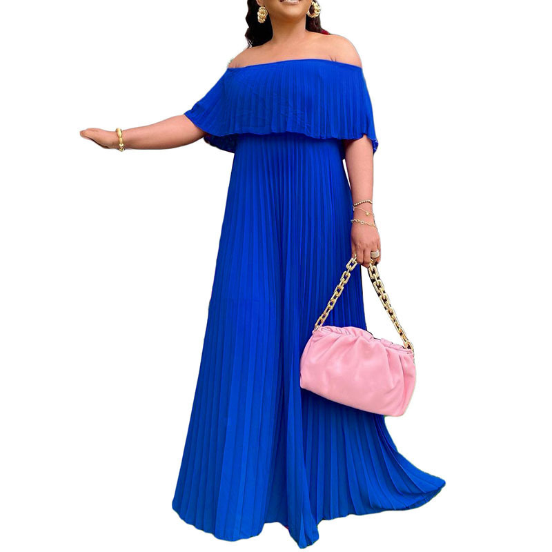 New women's sexy off-the-shoulder wrap chest pleated evening dress in Europe and America