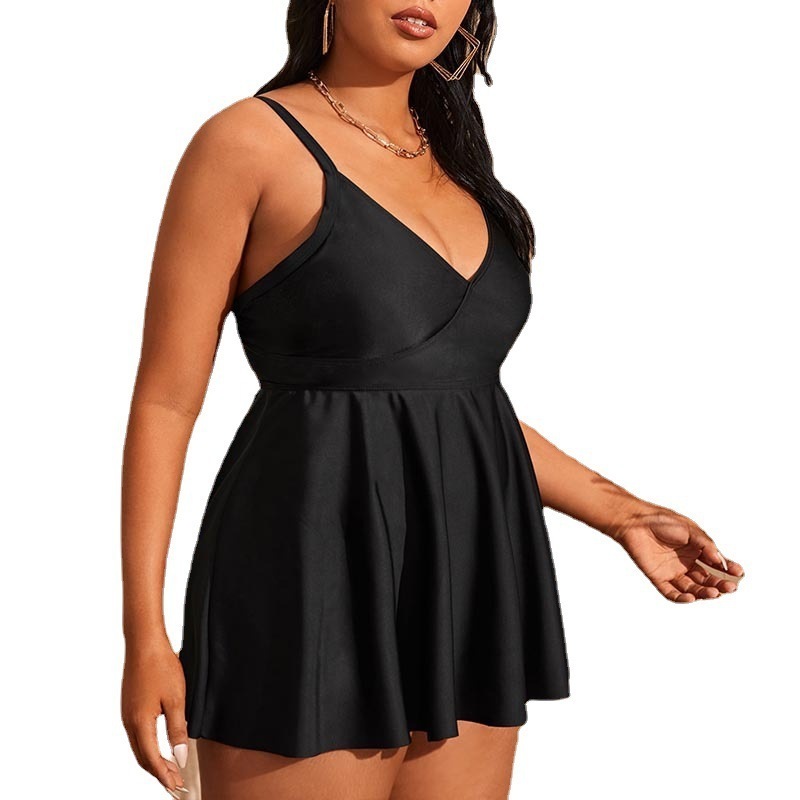 New big size fat sister split Tankini solid color skirt edge suction pleated backless swimsuit female