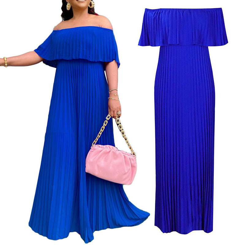 New women's sexy off-the-shoulder wrap chest pleated evening dress in Europe and America