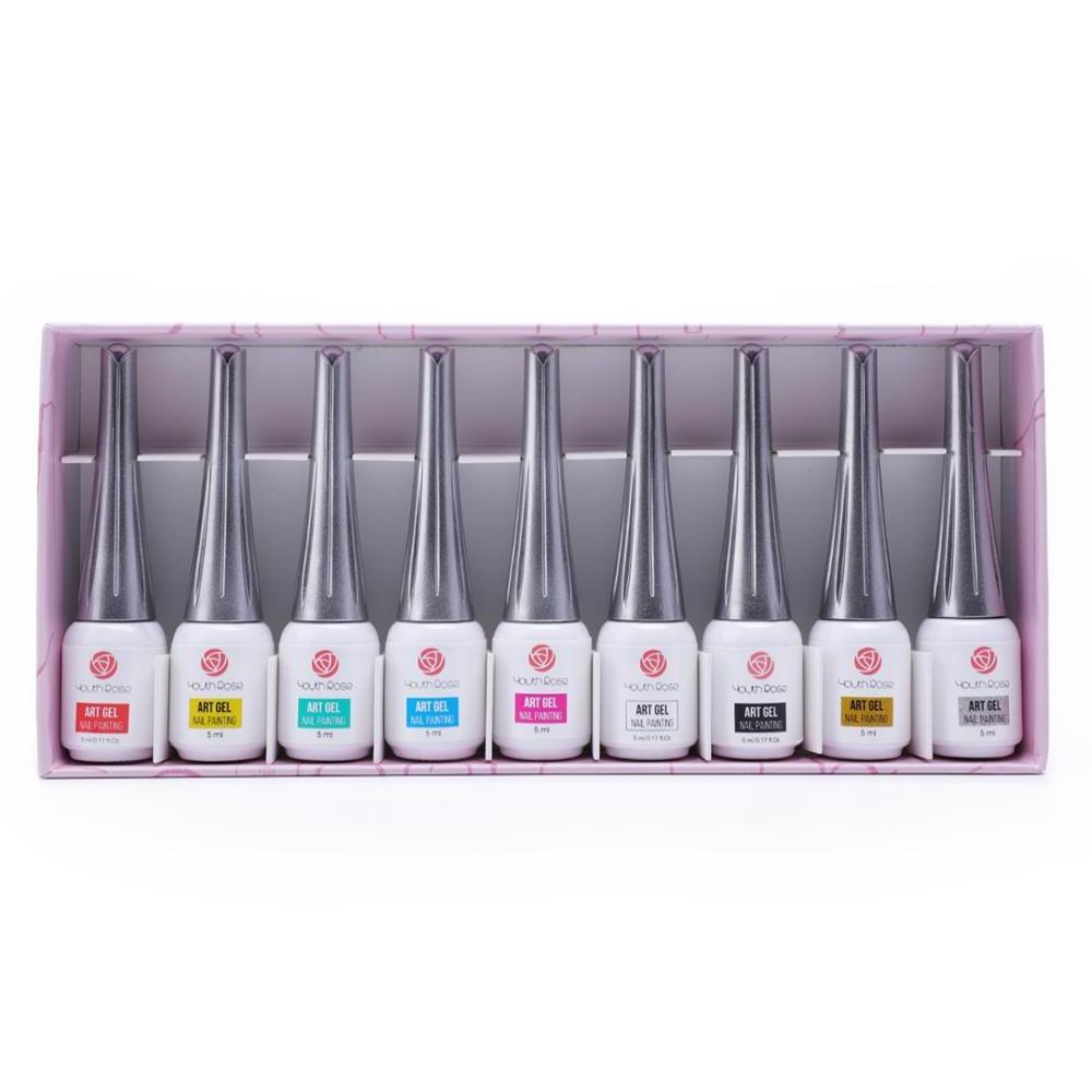 Youth Rose Nail LED Gel Liner Brush Art Painting Gel 9 Colors Set