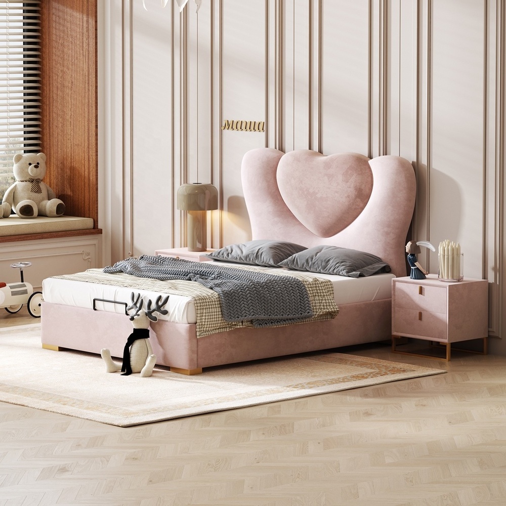 Modern luxury pink velvet upholstered princess girls double bed single beds frame with storage box children kids' beds room set