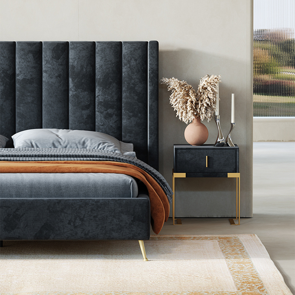 Modern king size black velvet bed with storage box high headboard wood frame bed nightstands bedroom furniture