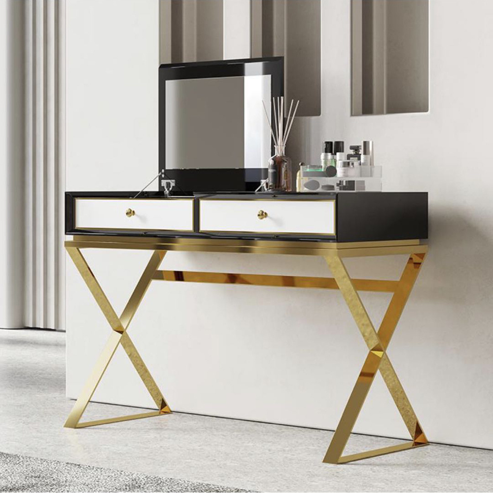 Modern luxury designs gold stainless steel foldable dresser mirrored makeup table dressers dressing vanity table metal legs