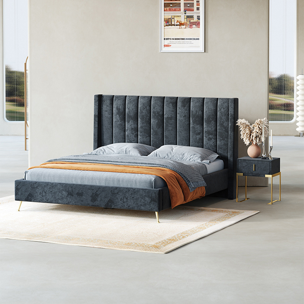 Modern king size black velvet bed with storage box high headboard wood frame bed nightstands bedroom furniture