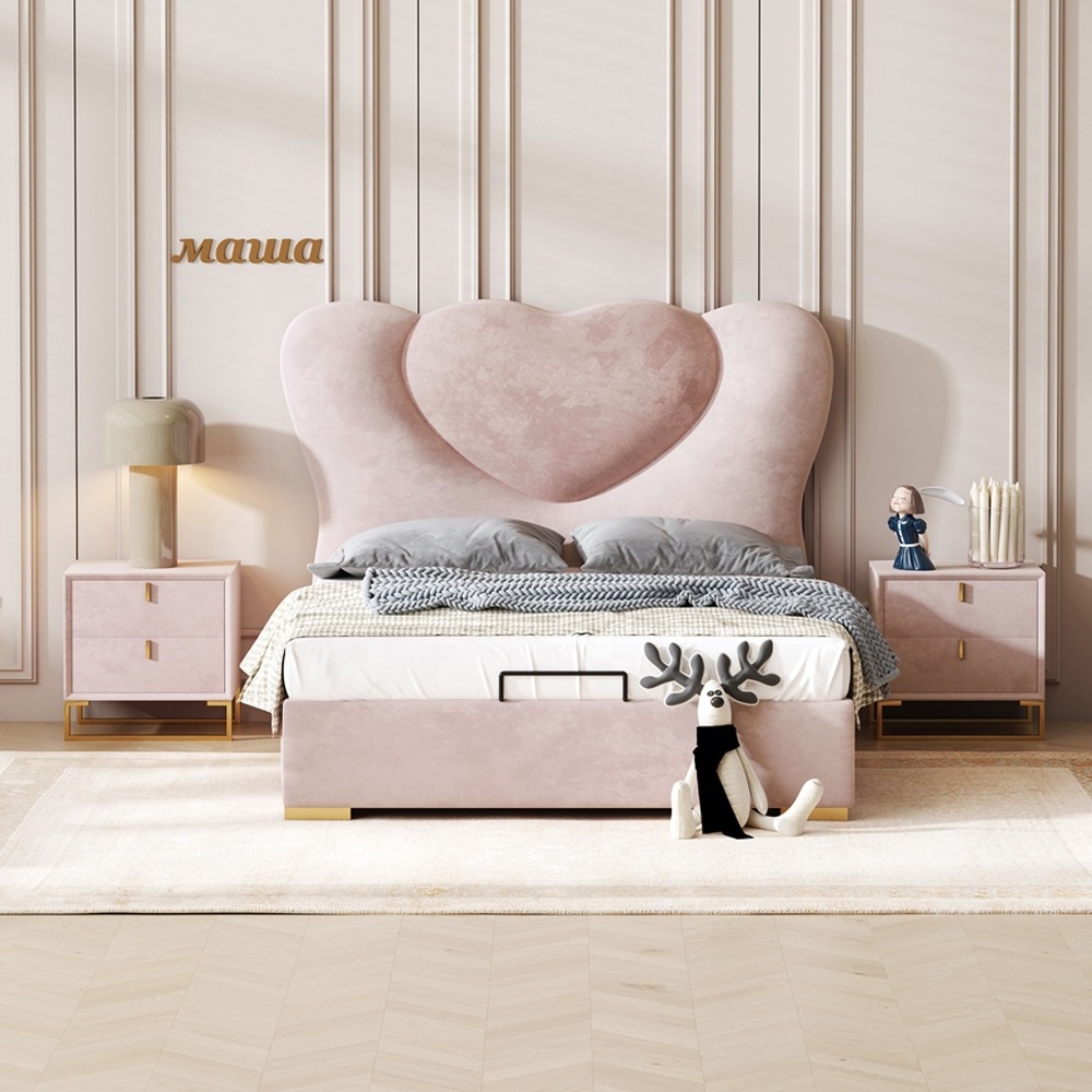 Modern luxury pink velvet upholstered princess girls double bed single beds frame with storage box children kids' beds room set