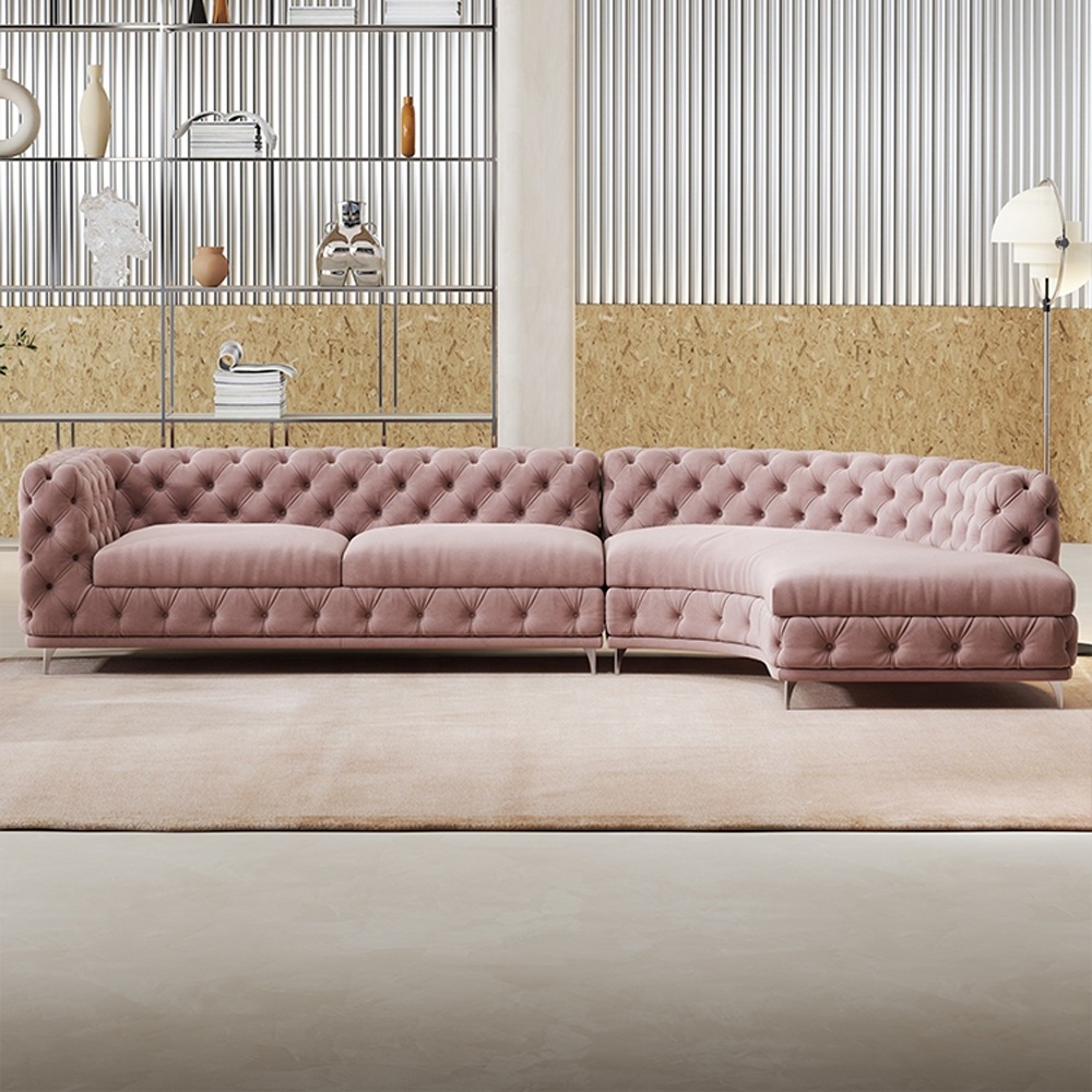 Modern luxury italian pink grey velvet fabric chesterfield sofas set L shape tufted sofa conoer sofas designs living room