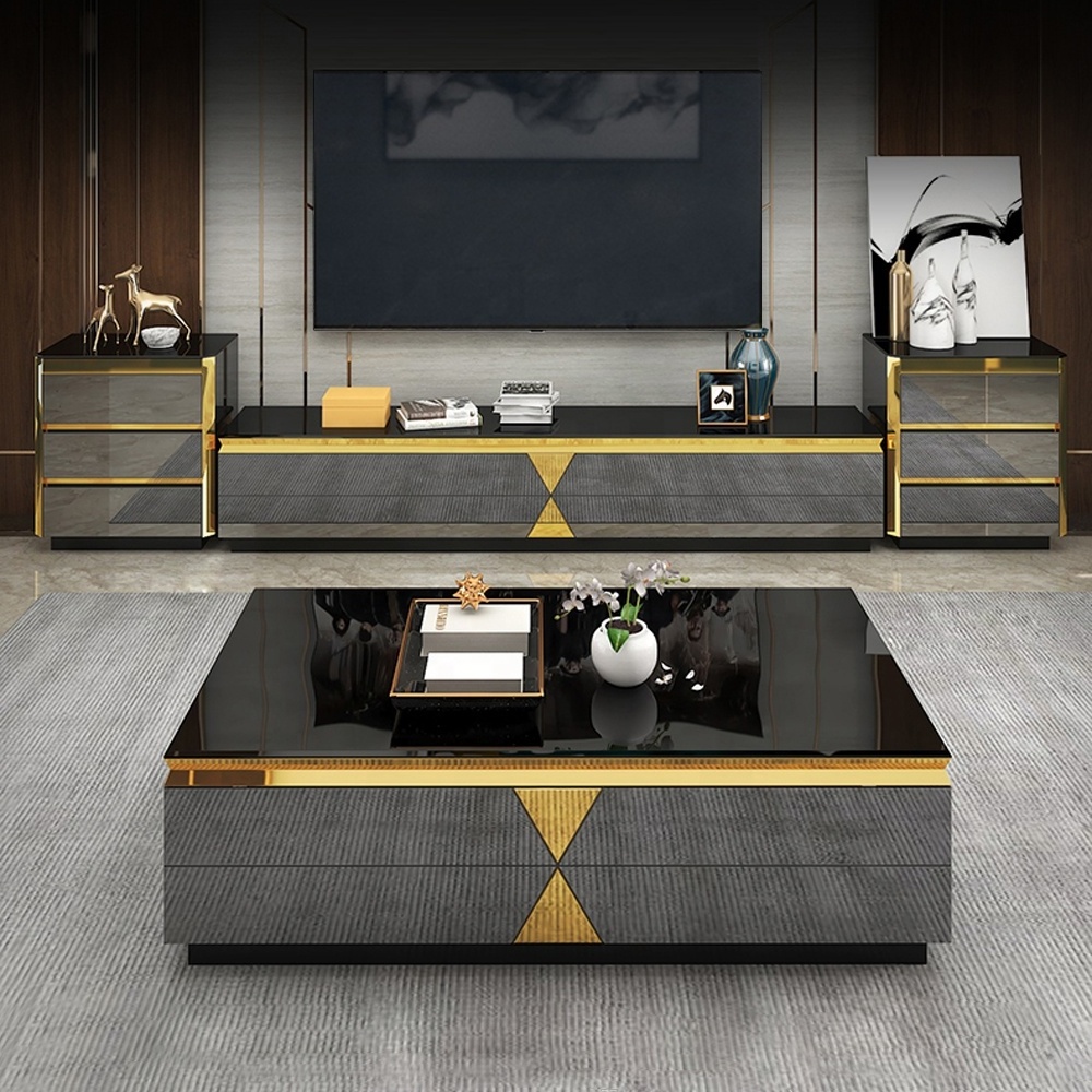 Modern luxury white black gold stainless steel metal tv stand coffee tea table set cabinet console stands furniture living room