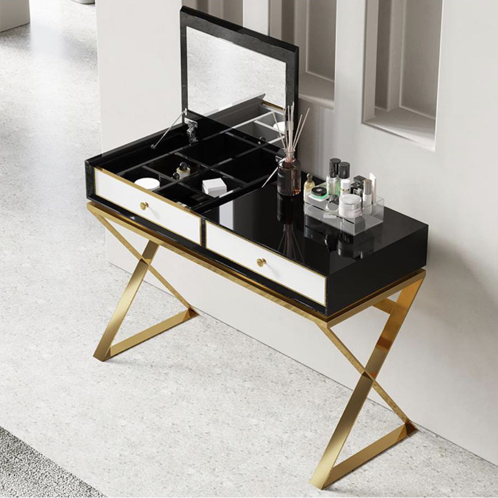 Modern luxury designs gold stainless steel foldable dresser mirrored makeup table dressers dressing vanity table metal legs