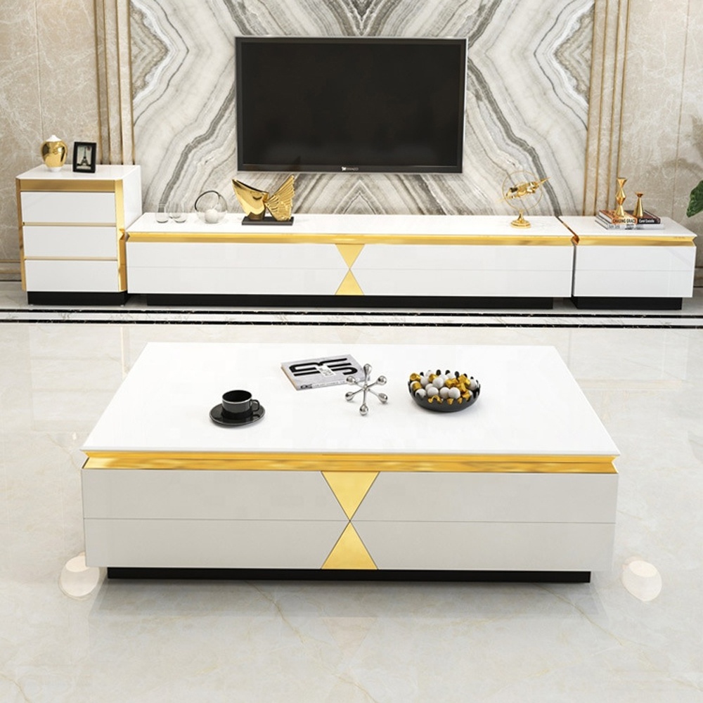 Modern luxury white black gold stainless steel metal tv stand coffee tea table set cabinet console stands furniture living room