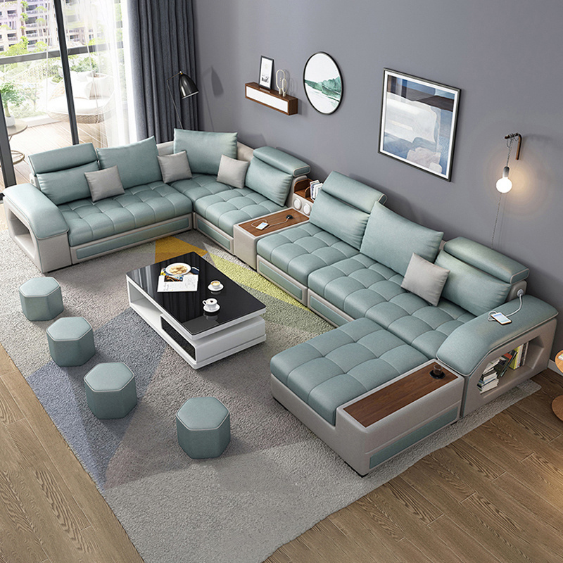 Modern leather u shaped sectional sofa couch bed 7 piece set furniture living room fabric velvet sofas manufacturers for home