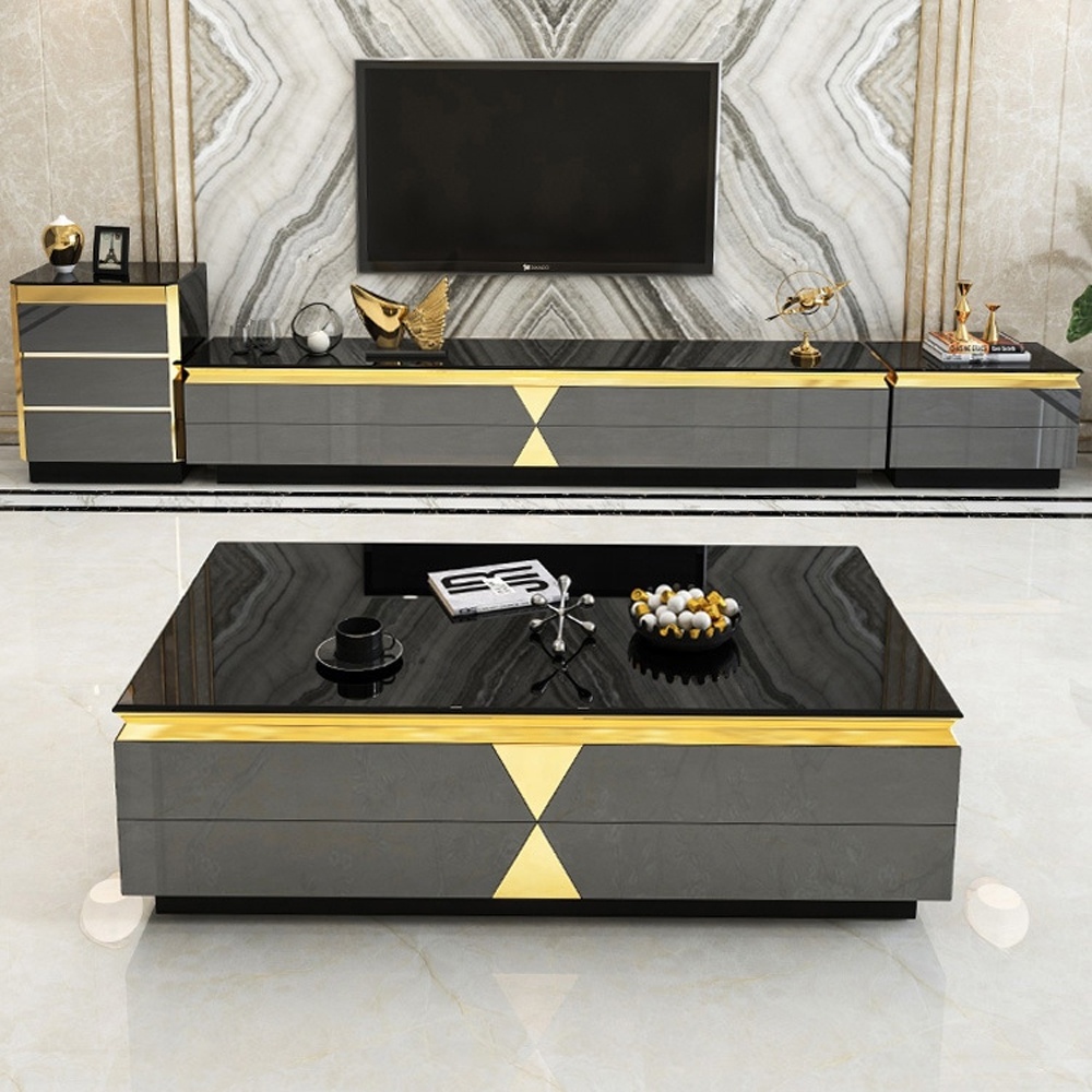 Modern luxury white black gold stainless steel metal tv stand coffee tea table set cabinet console stands furniture living room