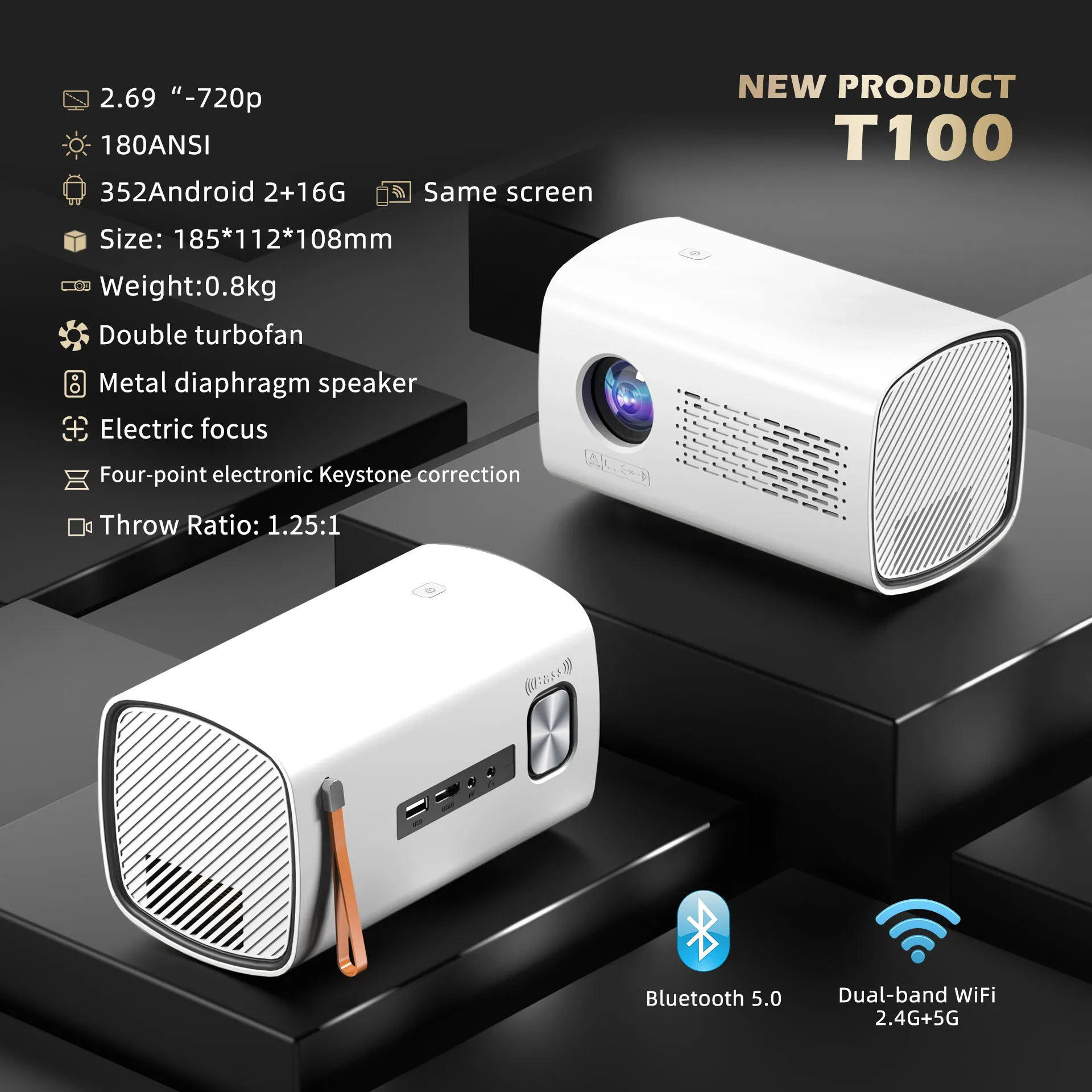 New T100 Android 720P Projector electric focus Projetor Dual Band Wifi BT 150Ansi Cinema Home Keystone wifi Proyector