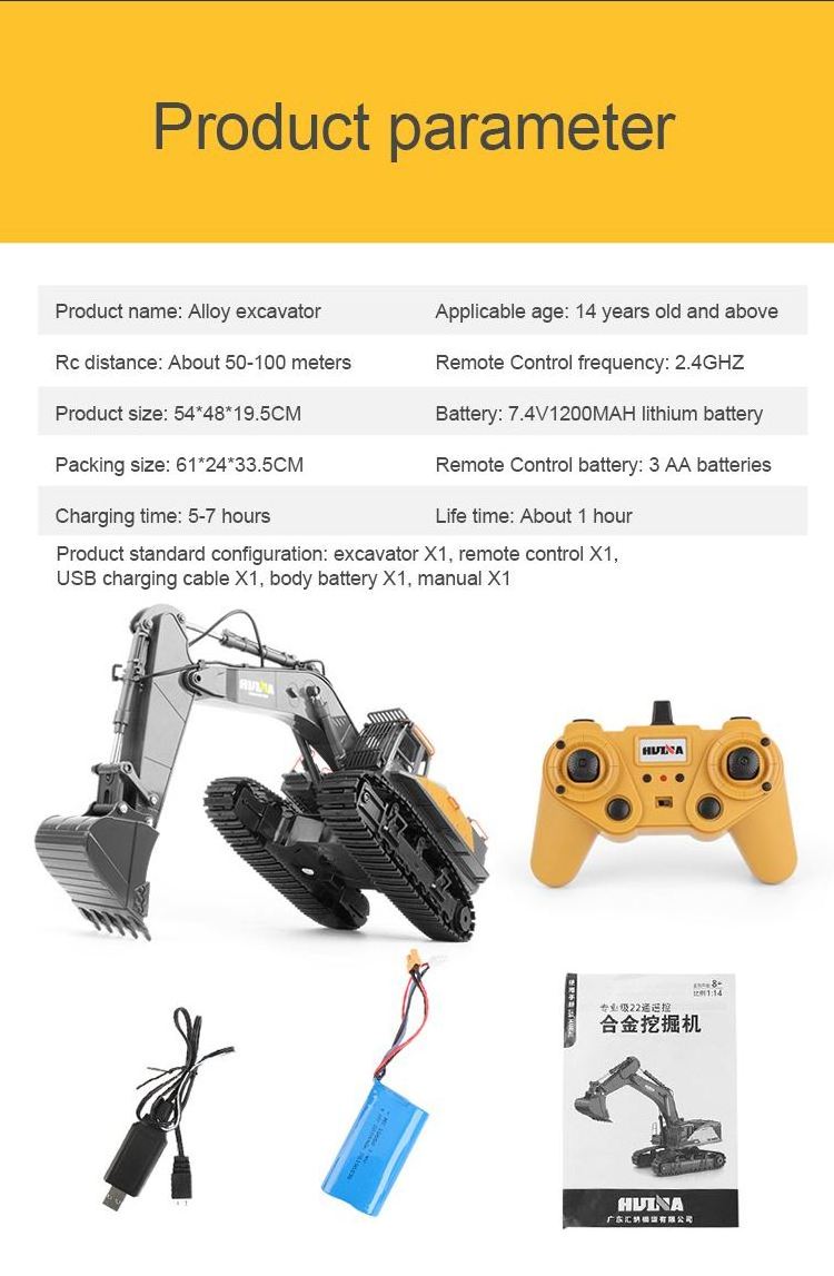 Huina 1592 Excavator RC Truck 1/14 Radio Controlled Machine 2.4G Remote Control Car Toys for Boys Youth Hobby Christmas Gift