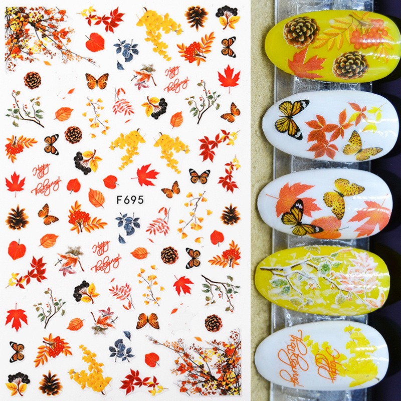 1 Pcs Maple Leaves 3D Custom Nail Stickers Flowers Fall Leaf Self Adhesive Stickers Autumn Manicuring Decals Nail Art Stickers