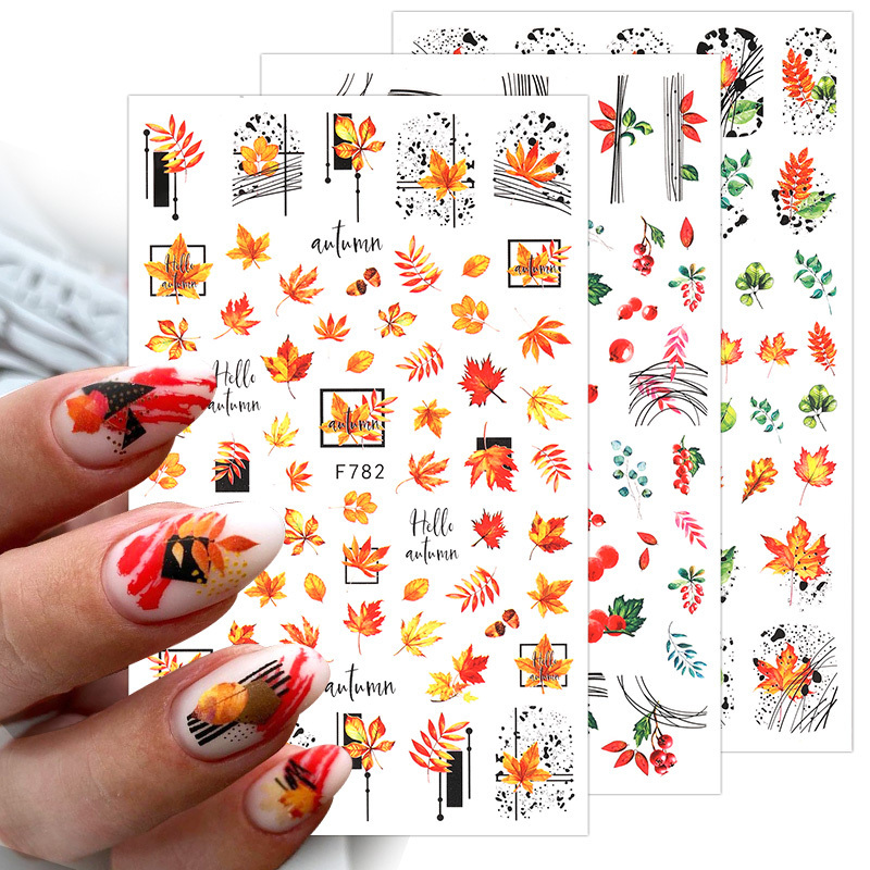 1 Pcs Maple Leaves 3D Custom Nail Stickers Flowers Fall Leaf Self Adhesive Stickers Autumn Manicuring Decals Nail Art Stickers