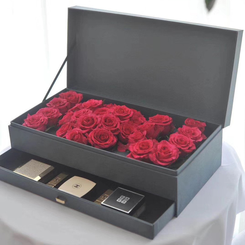 Satin wishing box rectangular double layer fresh flower rose drawer flower arrangement gift box with floral foam