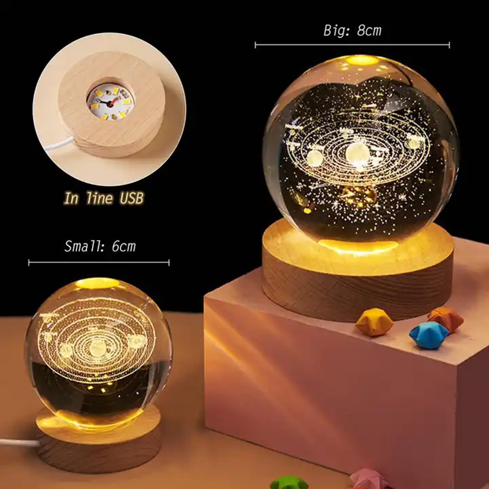 Romantic Crystal 3D Ball Night Lamp Planet  Solar System Crystal Ball With Wood Base