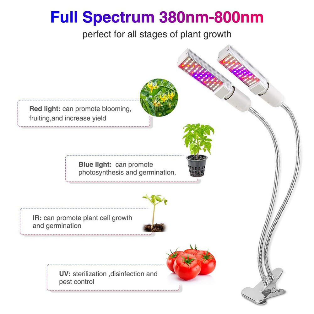 50W Upgraded Full Spectrum Plant Light, 100 LED Grow Lamp with Gooseneck, Dual E27 Replacement LED Grow Light Bulbs