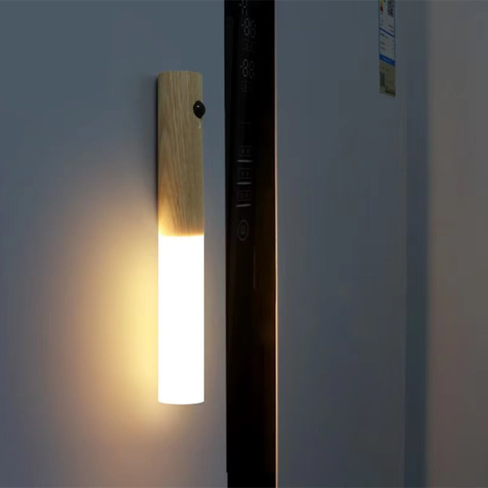 Smart Magnetic Motion Sensor Night Lamp Rechargeable Wood Wall Staircase Lamp for Kitchen Bedroom