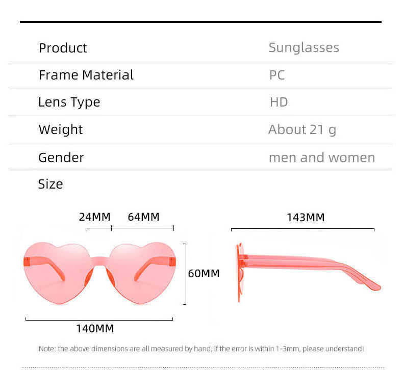 Custom rimless wedding favors color party eyewear one piece heart sun glasses red pink love heart shaped sunglasses wholesale