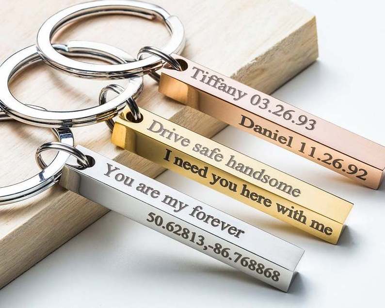 hot sells keyring stainless steel personalized engraved phrase words message 4 side bar key chain for dad mom daily accessories