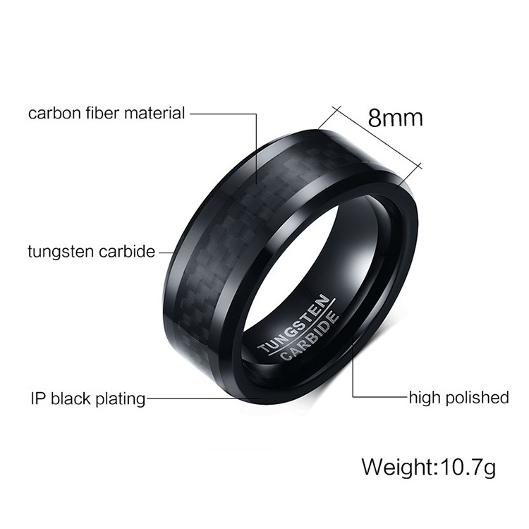 Mens Rings 8Mm Carbon Fiber Tungsten Steel Ring Black High Quality Ring Jewelry For Men