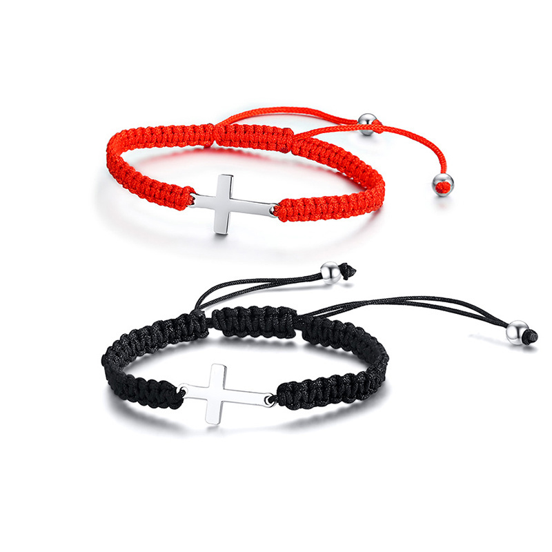 Fashion handmade woven couples bracelet waterproof lucky red and black string cross charm braided adjustable bracelet