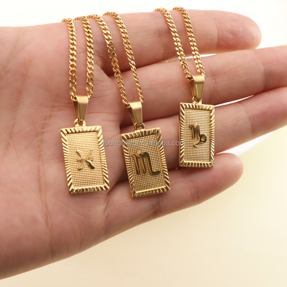 18k Gold Plated Stainless Steel Waterproof Horoscope Astrology Pendant Necklace Jewelry Women Square 12 Zodiac Sign Necklace