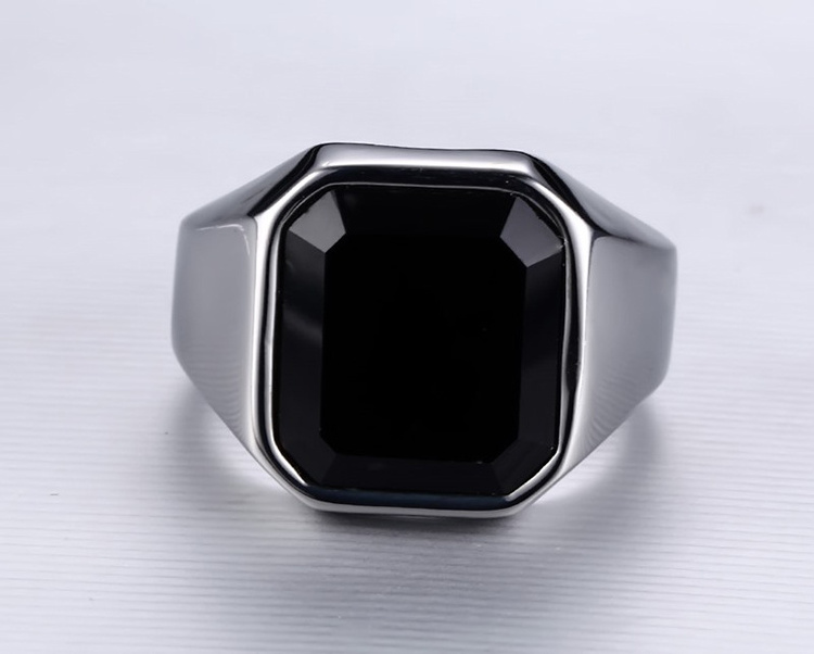 Wholesale Rings Stainless Steel Black Agate Ring Steel Color Men's Ring Jewelry