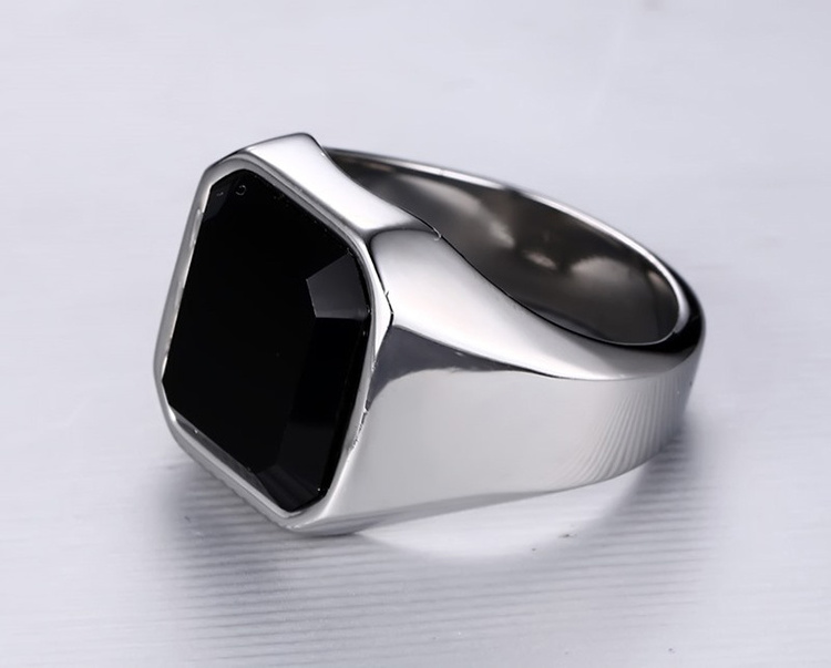 Wholesale Rings Stainless Steel Black Agate Ring Steel Color Men's Ring Jewelry