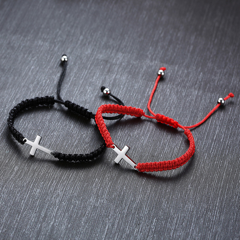 Fashion handmade woven couples bracelet waterproof lucky red and black string cross charm braided adjustable bracelet