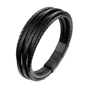 Leather jewelry manufacturers stainless steel black button with leather handmade braided adjustable bracelet for men