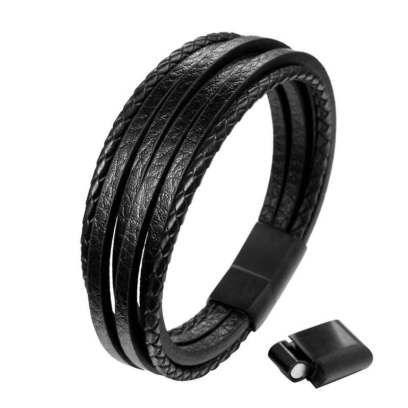 Leather jewelry manufacturers stainless steel black button with leather handmade braided adjustable bracelet for men