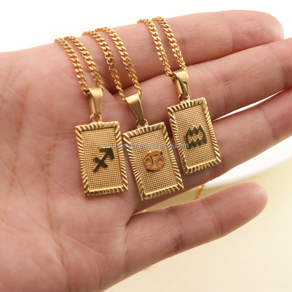 18k Gold Plated Stainless Steel Waterproof Horoscope Astrology Pendant Necklace Jewelry Women Square 12 Zodiac Sign Necklace