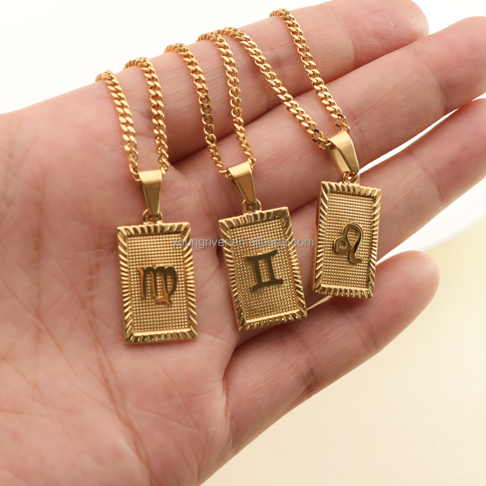 18k Gold Plated Stainless Steel Waterproof Horoscope Astrology Pendant Necklace Jewelry Women Square 12 Zodiac Sign Necklace