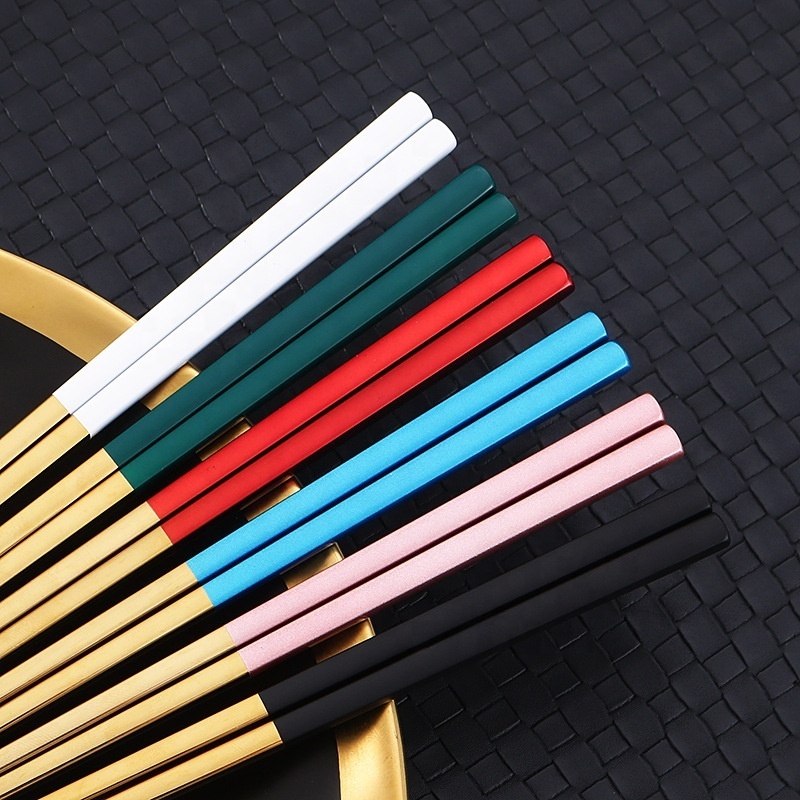 High Quality Customized Black Gold Plated Food Grade 304 Stainless Steel Metal Square Chopsticks Set For Sushi