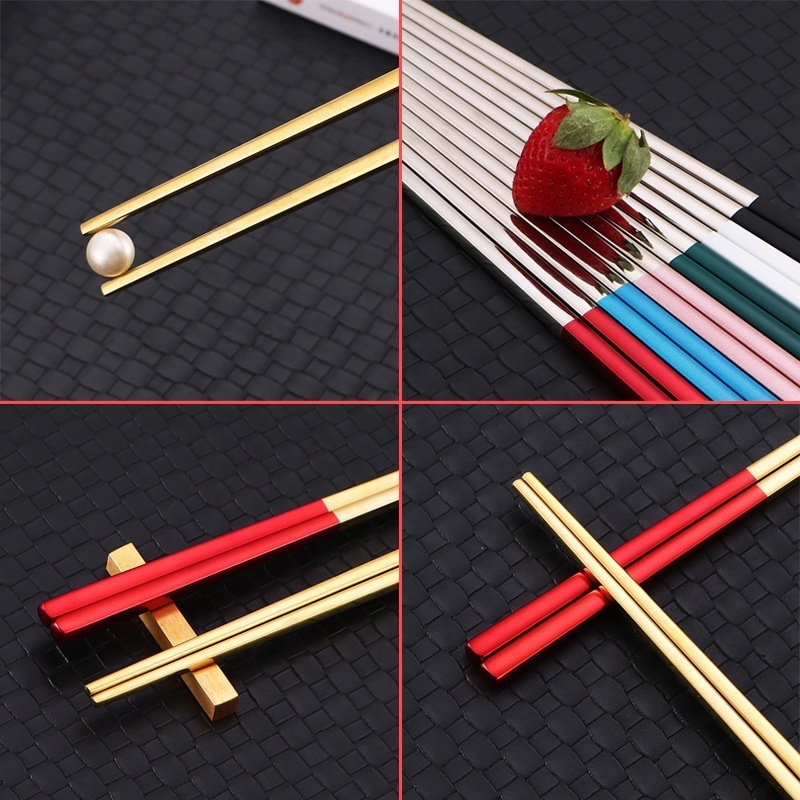 High Quality Customized Black Gold Plated Food Grade 304 Stainless Steel Metal Square Chopsticks Set For Sushi