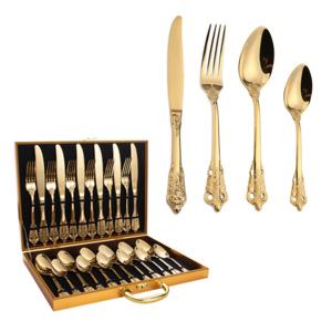 Luxury palace style 304 stainless steel 24-piece cutlery set golden metal knife fork spoon flatware Sets with gift box