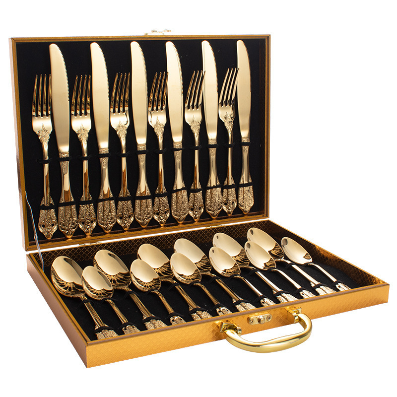 Luxury palace style 304 stainless steel 24-piece cutlery set golden metal knife fork spoon flatware Sets with gift box