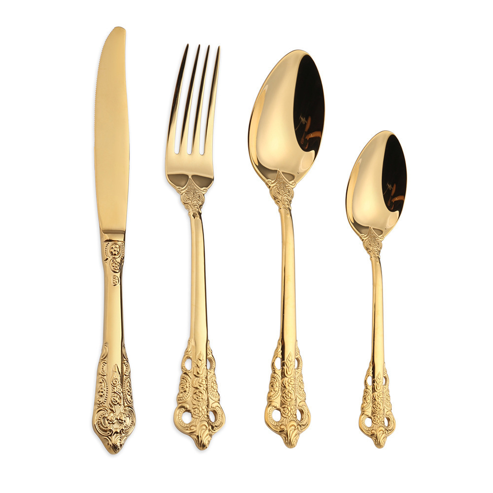 Luxury palace style 304 stainless steel 24-piece cutlery set golden metal knife fork spoon flatware Sets with gift box