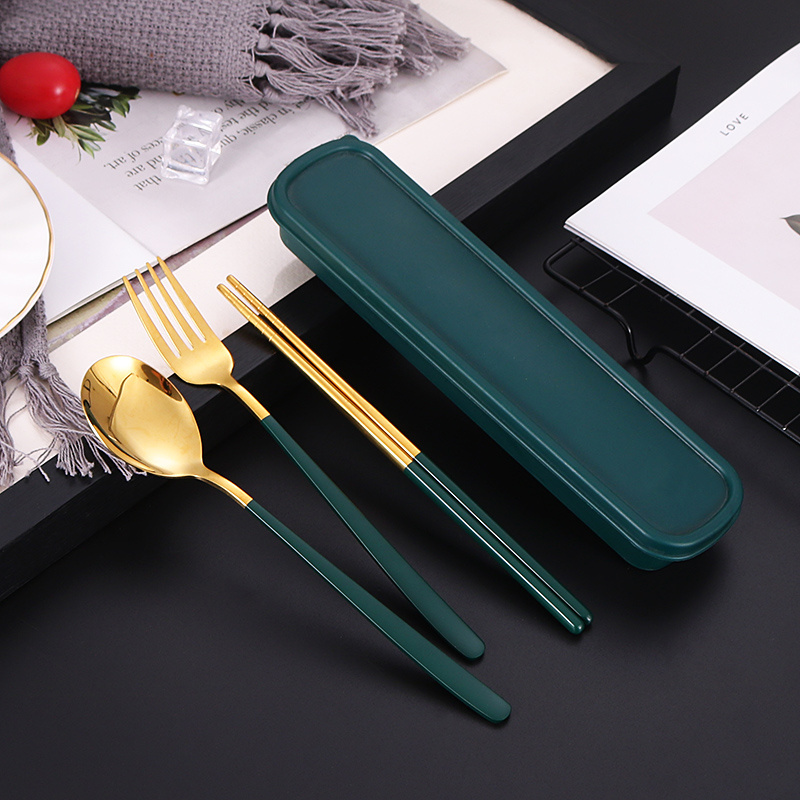 Stainless steel tableware chopsticks Fork Spoon Set 3pcs Camping Cutlery Travel Set with Delicate plastic case