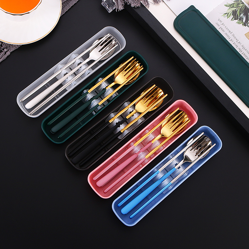 Stainless steel tableware chopsticks Fork Spoon Set 3pcs Camping Cutlery Travel Set with Delicate plastic case