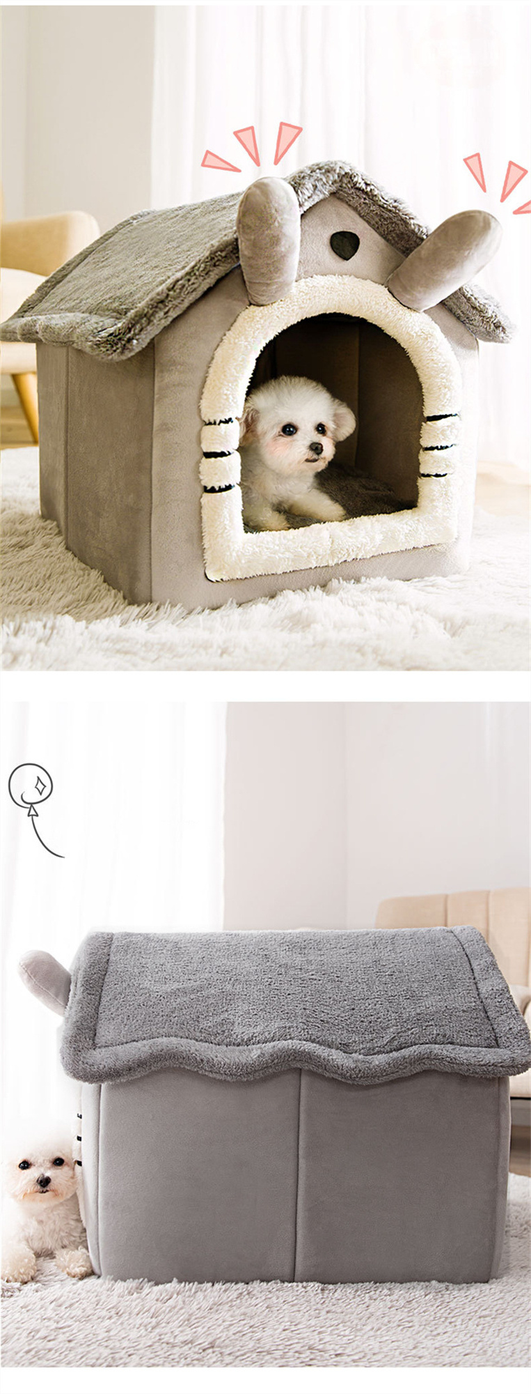 Kennel Dog House Soft Pet Bed Tent Indoor Enclosed Warm Plush Sleeping Nest Basket with Removable Cushion Travel Dog Accessory