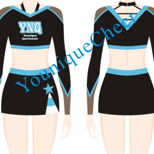 Custom Wholesale Performance Wear Fashion Design Youth Cheer Outfit Shiny Cheerleader Uniforms Blue Mini Shirt with Long Sleeve