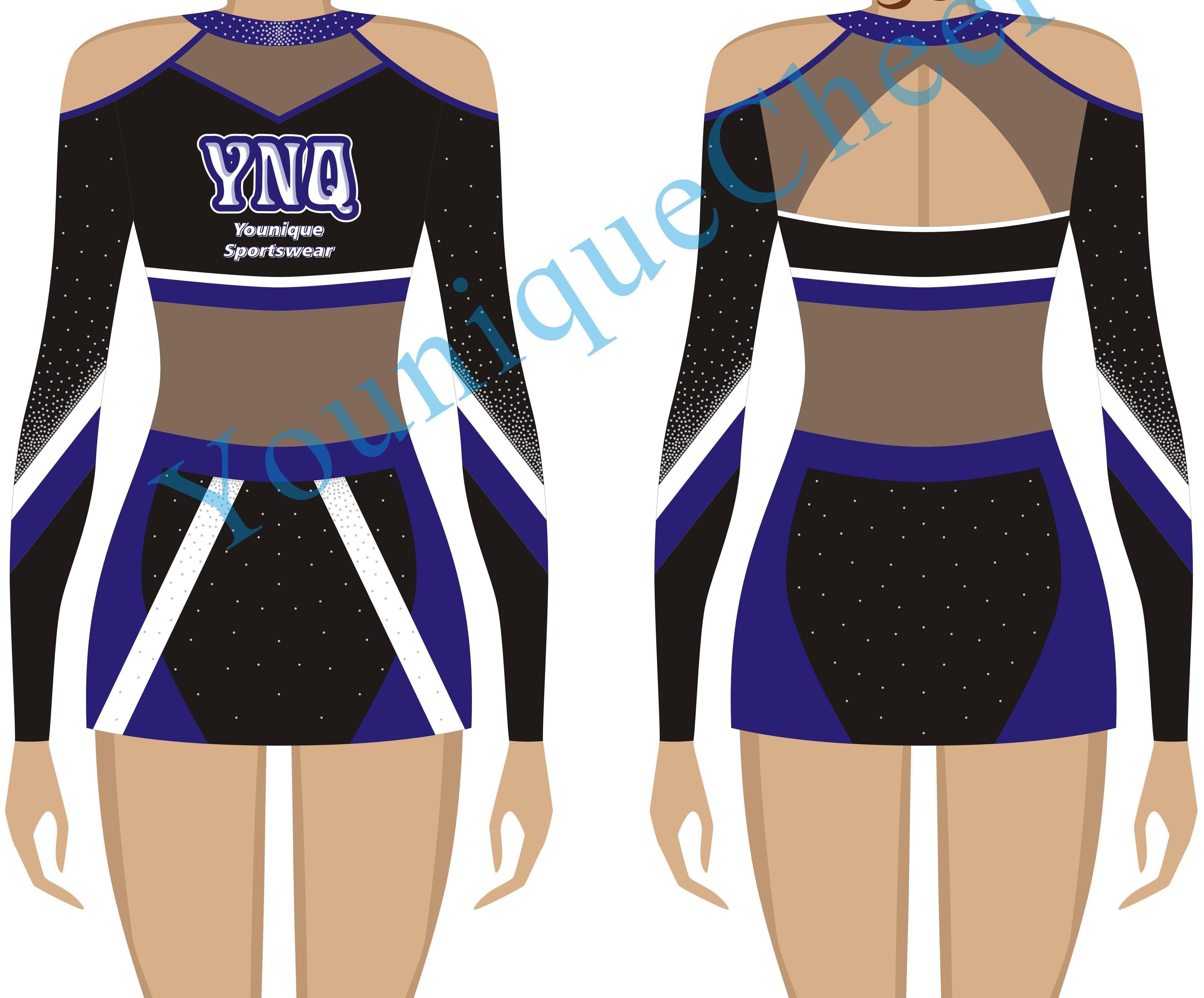 Custom Sublimation Fashion Design Competitive Uniform Suit Shiny Cheerleader Uniforms Blue Uniform Suit with Long Sleeve