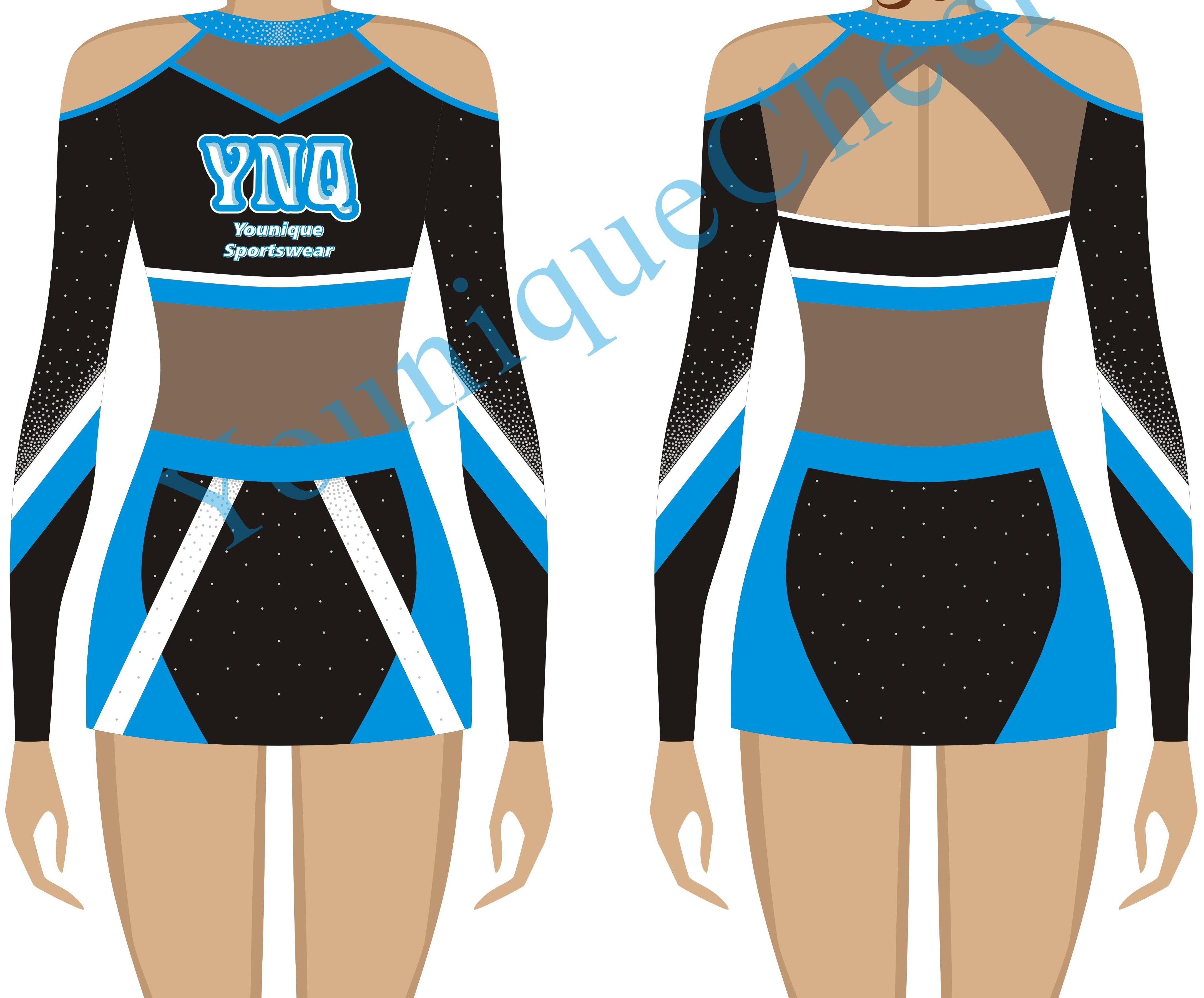 Custom Sublimation Fashion Design Competitive Uniform Suit Shiny Cheerleader Uniforms Blue Uniform Suit with Long Sleeve