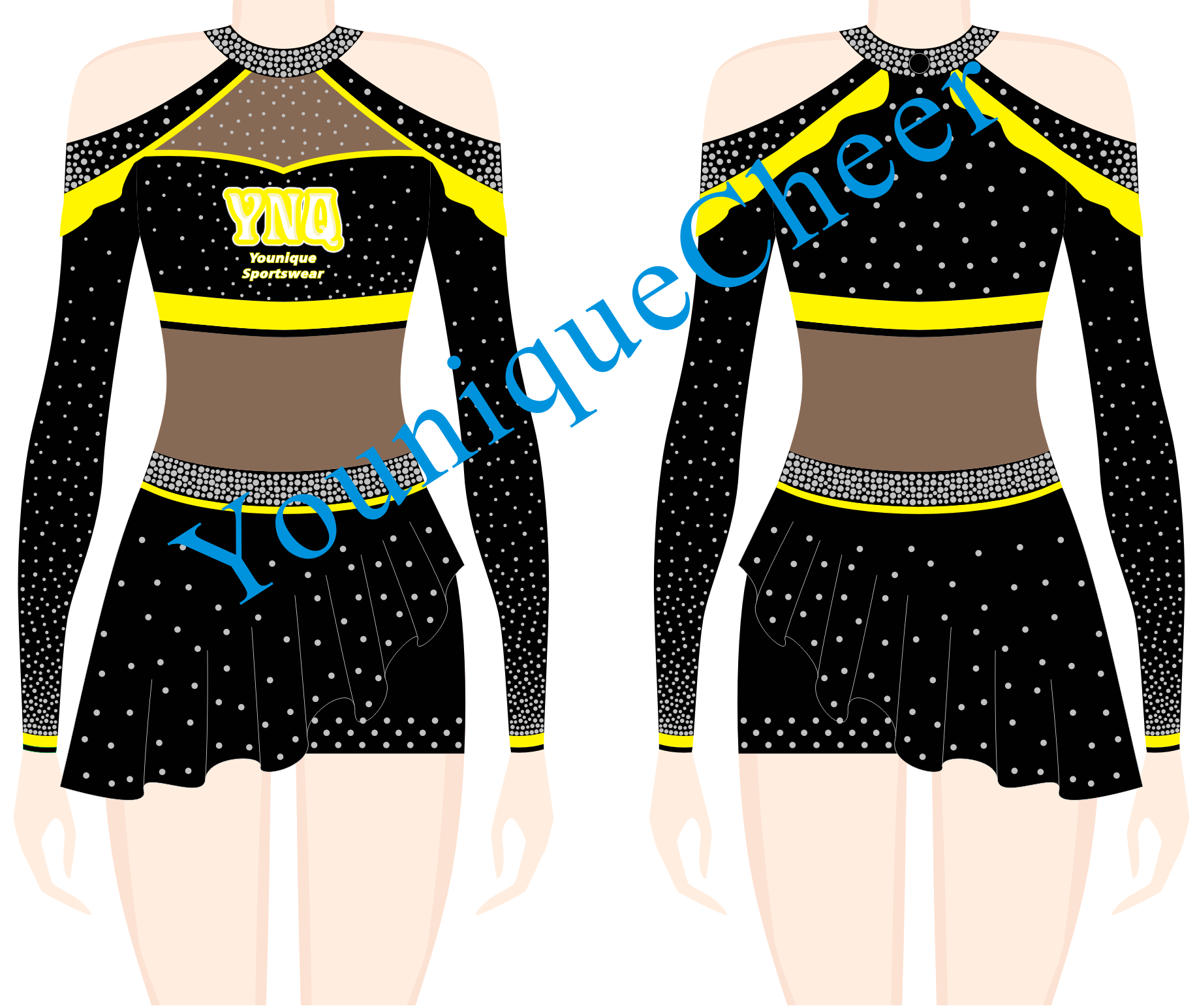 Top quality Performance Wear Hot Sexy Cheerleading Uniform Women Dance Outfit Yellow Custom Logo with Colorful Rhinestones